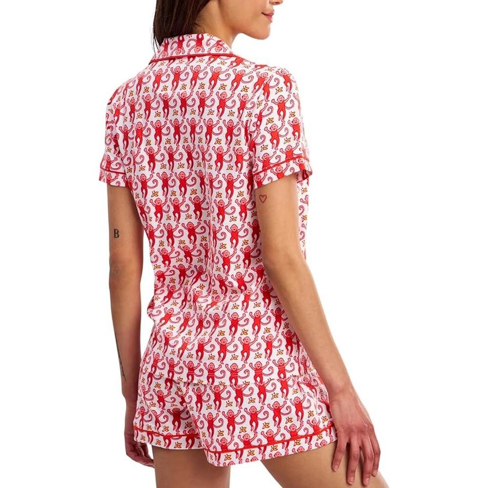 Women Y2k Pajamas Set Cute Preppy 2PCS Button Down Holiday Monkey Shorts Summer - Picture 5 of 5